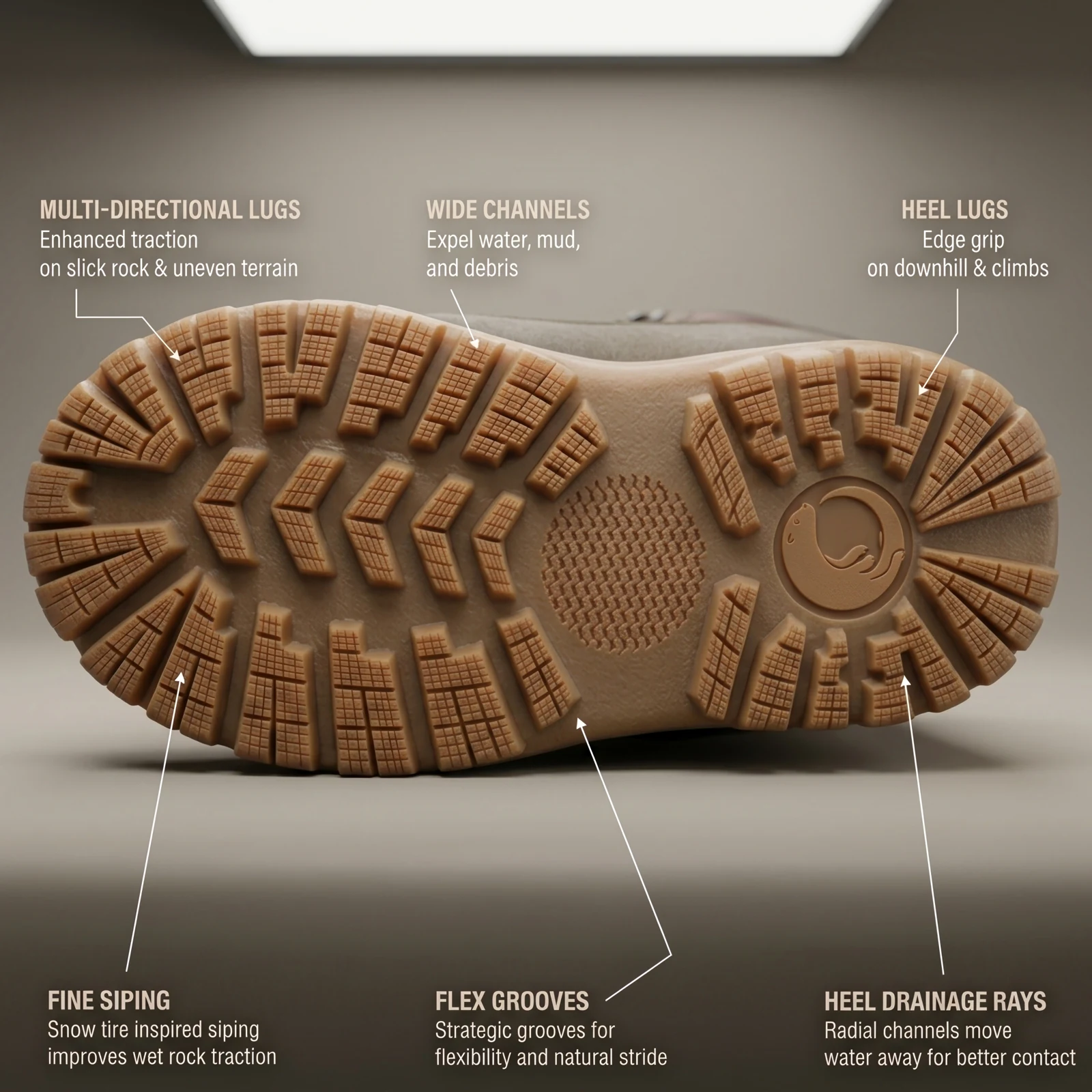 OTTR outsole: multi-directional lugs, wide channels, heel lugs, fine siping, flex grooves, and heel drainage rays