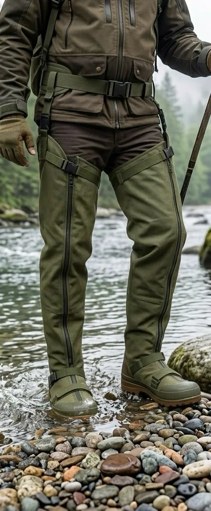 Timber Green OTTR Pro hip waders worn beside a river, with both boots visible